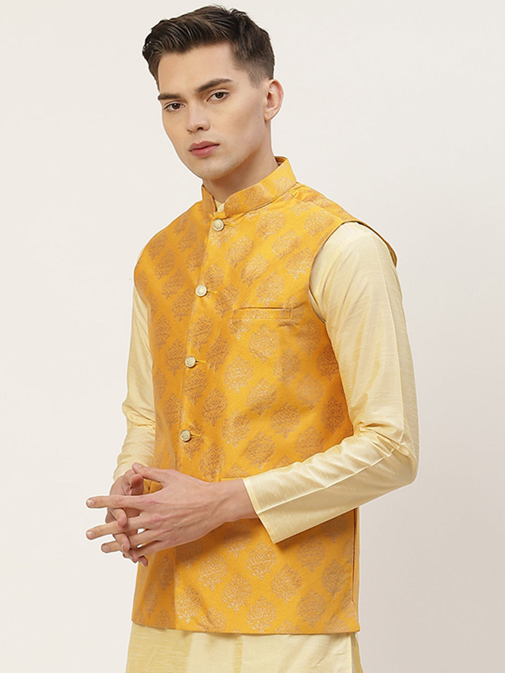 Jompers Men's Beautiful Mustard Printed Nehru Jacket | Grocsy