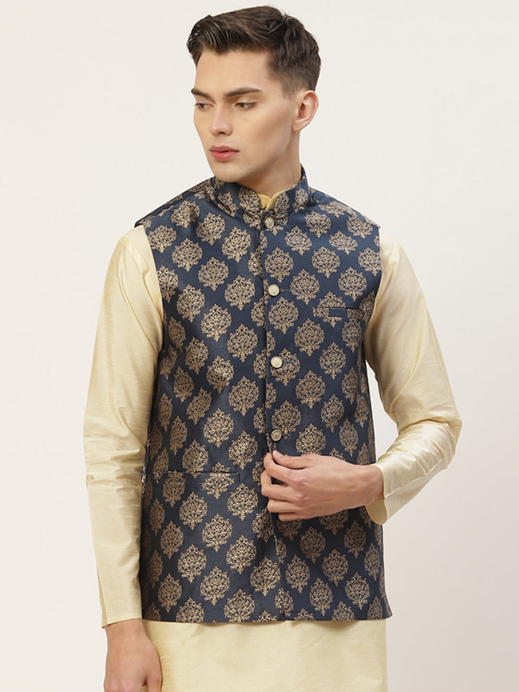 Jompers Men's Navy Printed Nehru Jacket | Grocsy