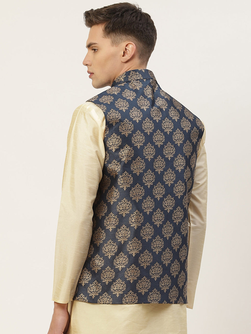 Jompers Men's Navy Printed Nehru Jacket | Grocsy