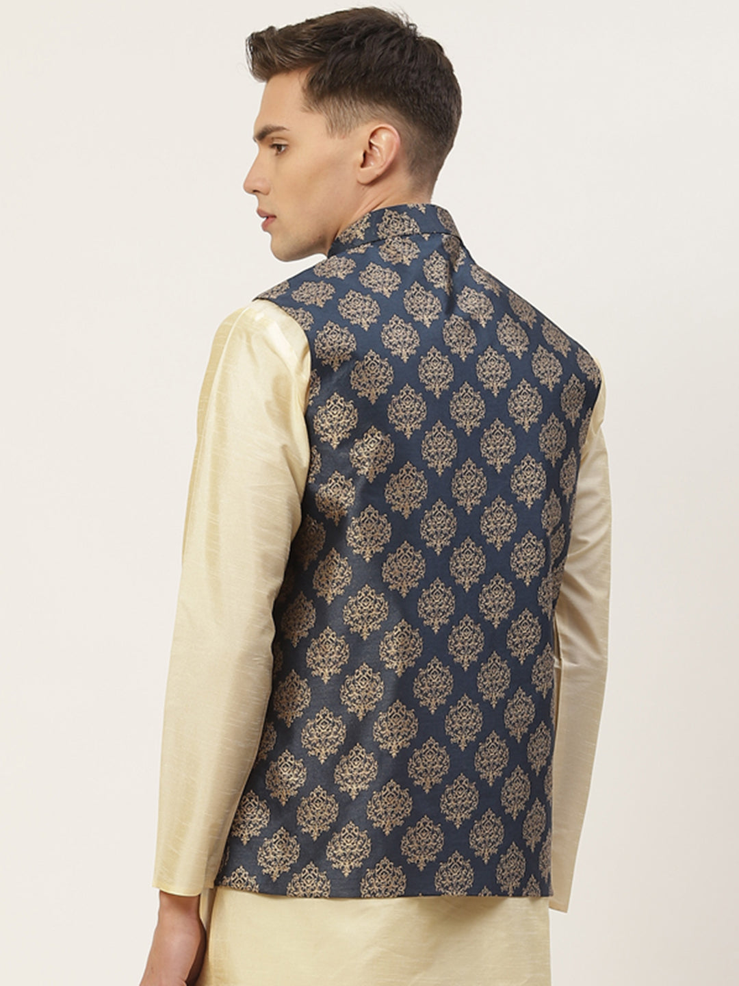Jompers Men's Navy Printed Nehru Jacket | Grocsy