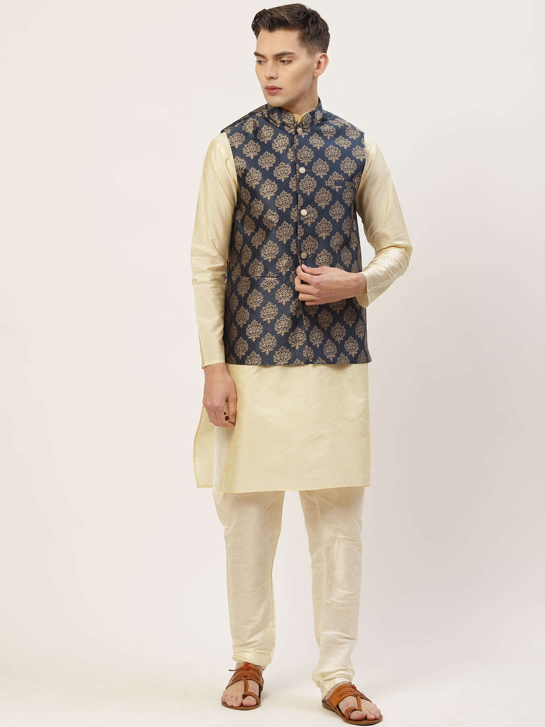 Jompers Men's Navy Printed Nehru Jacket | Grocsy