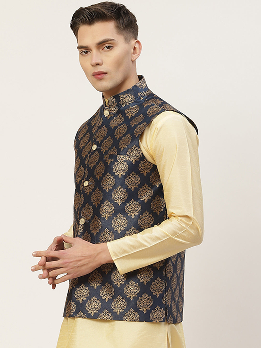 Jompers Men's Navy Printed Nehru Jacket | Grocsy