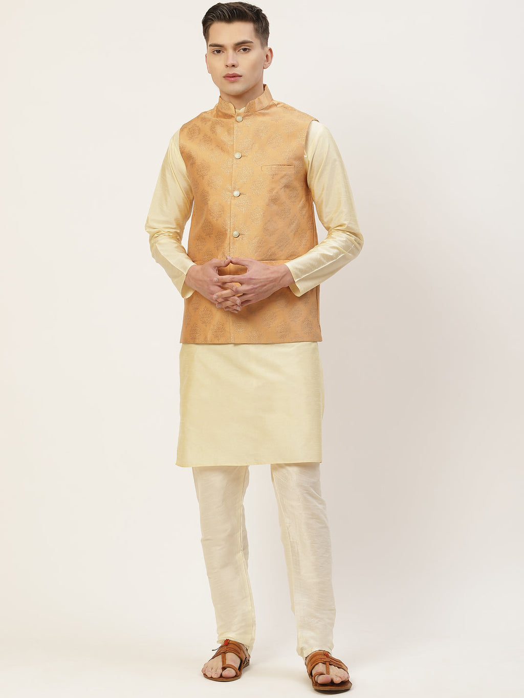 Jompers Men's Peach Printed Nehru Jacket | Grocsy