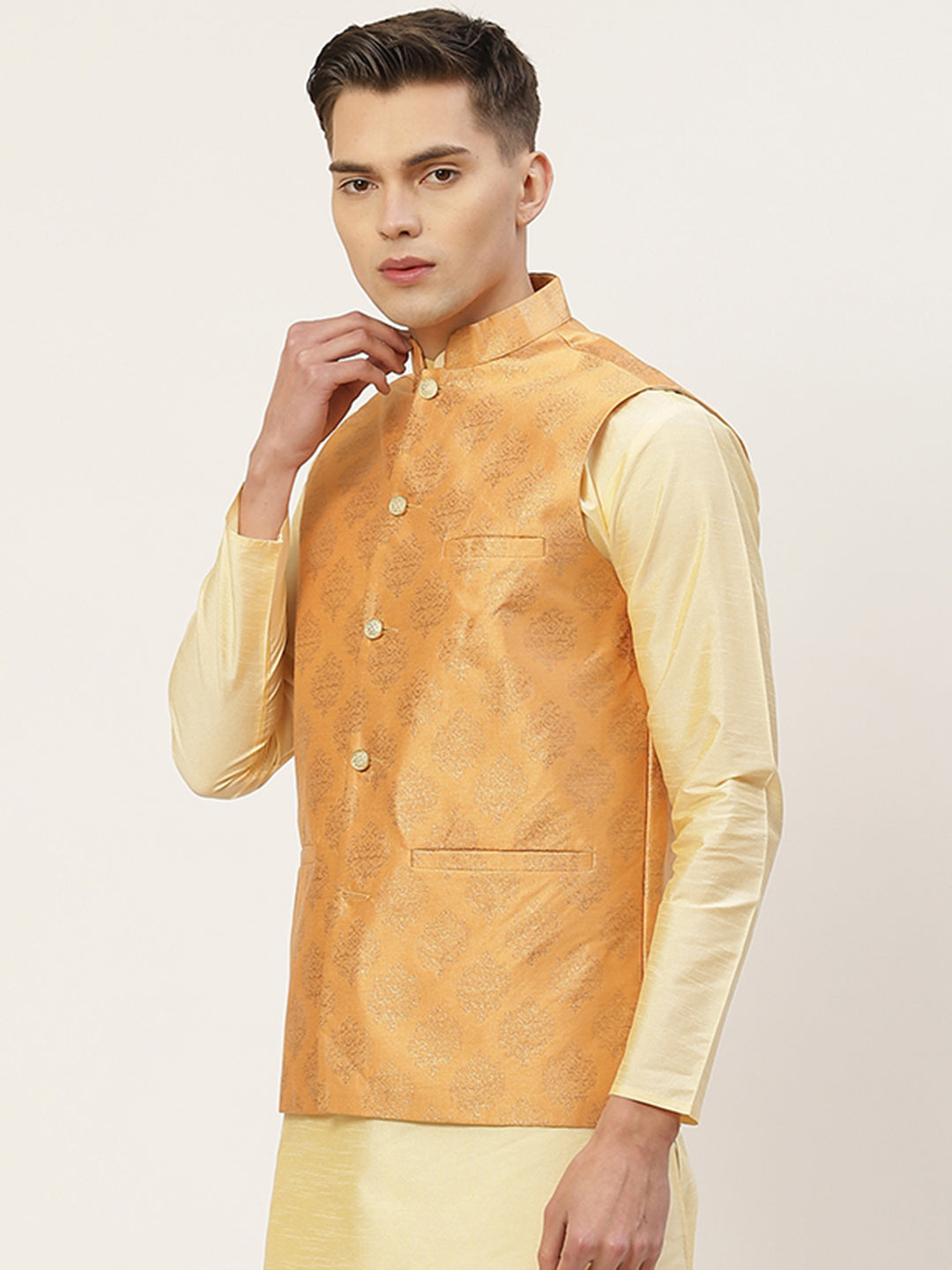 Jompers Men's Peach Printed Nehru Jacket | Grocsy