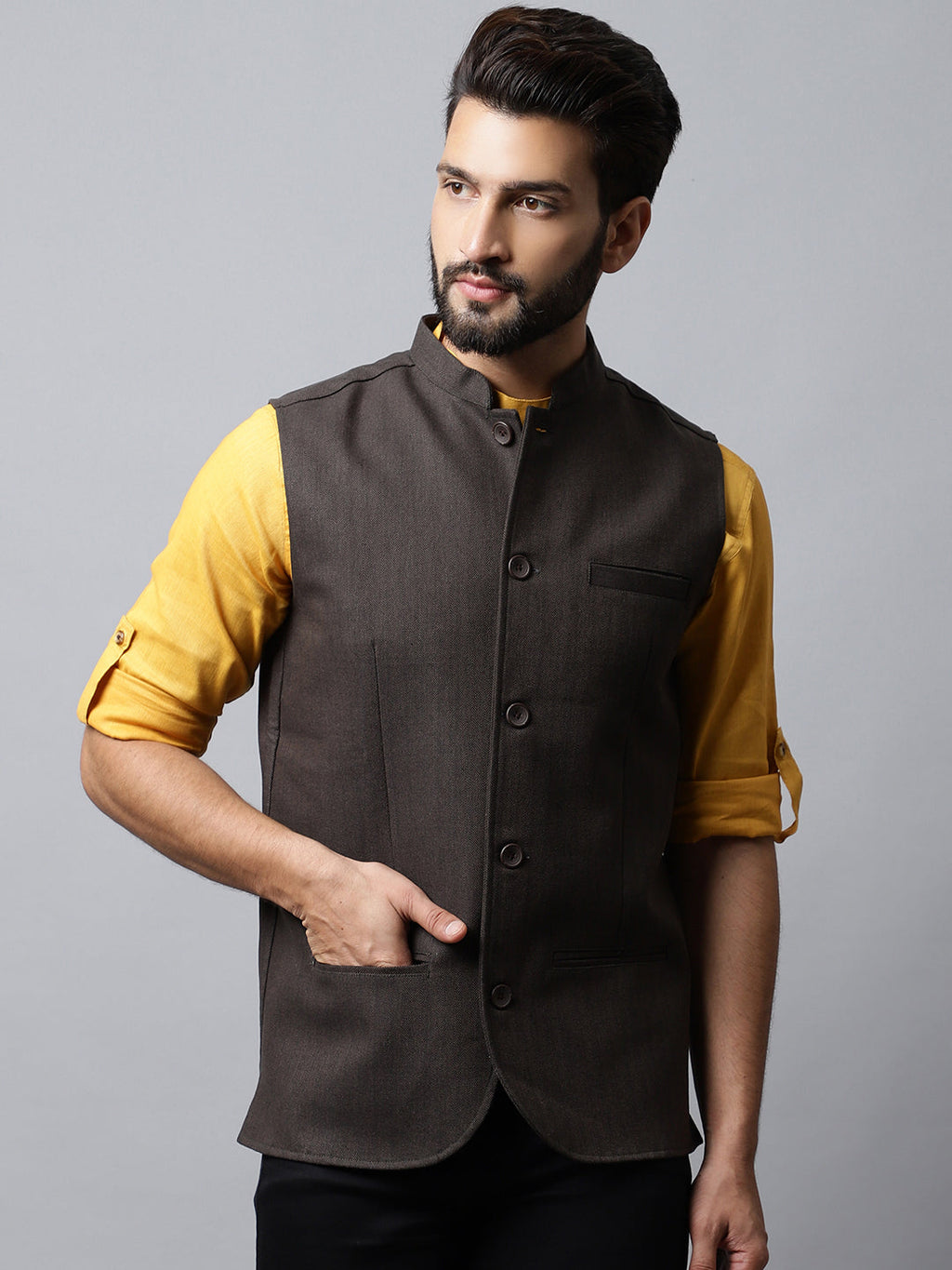 Even Apparels Men's Brown Nehru Jacket With Welt Pockets | Grocsy