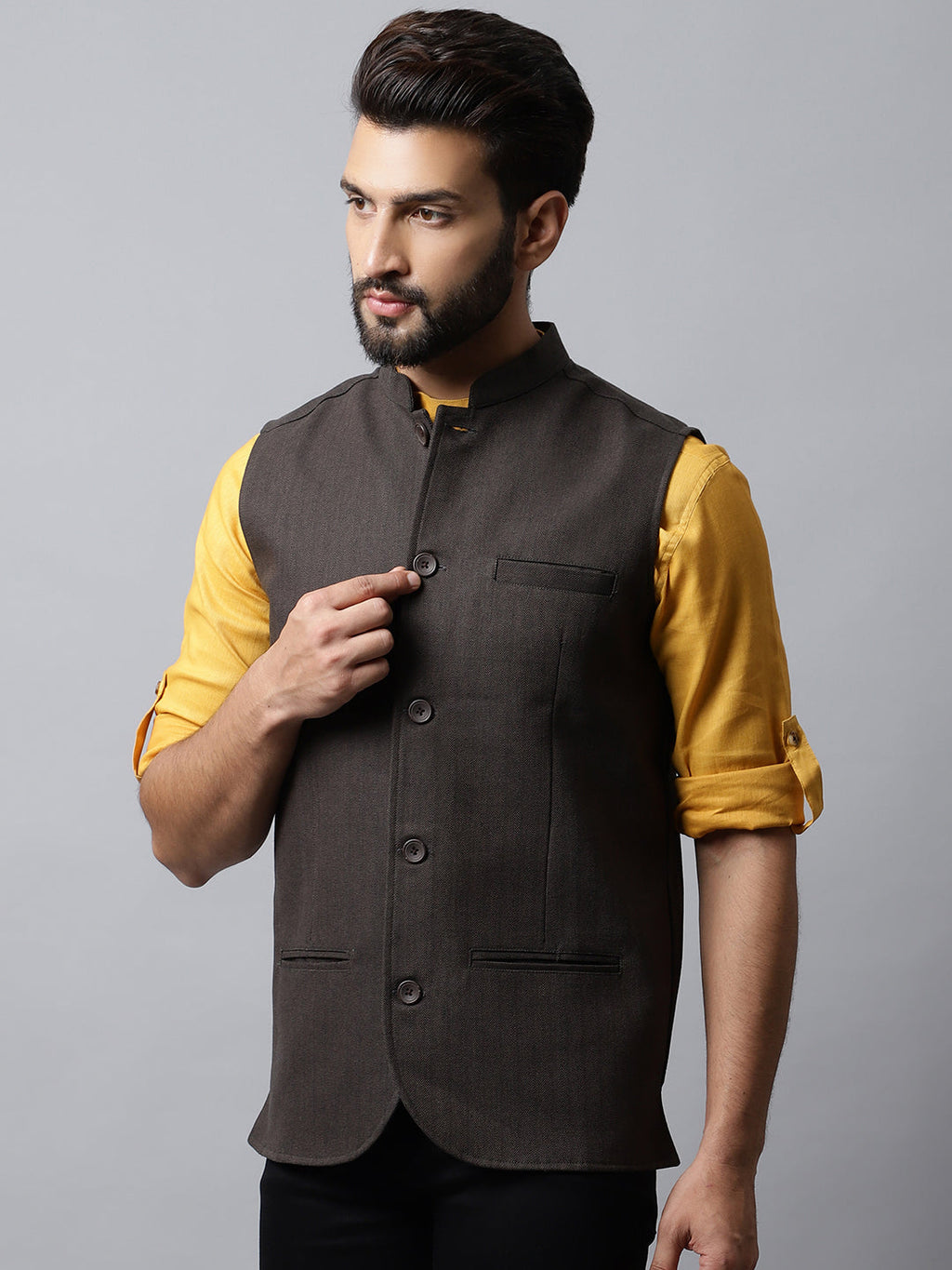 Even Apparels Men's Brown Nehru Jacket With Welt Pockets | Grocsy