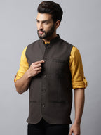 Even Apparels Men's Brown Nehru Jacket With Welt Pockets | Grocsy