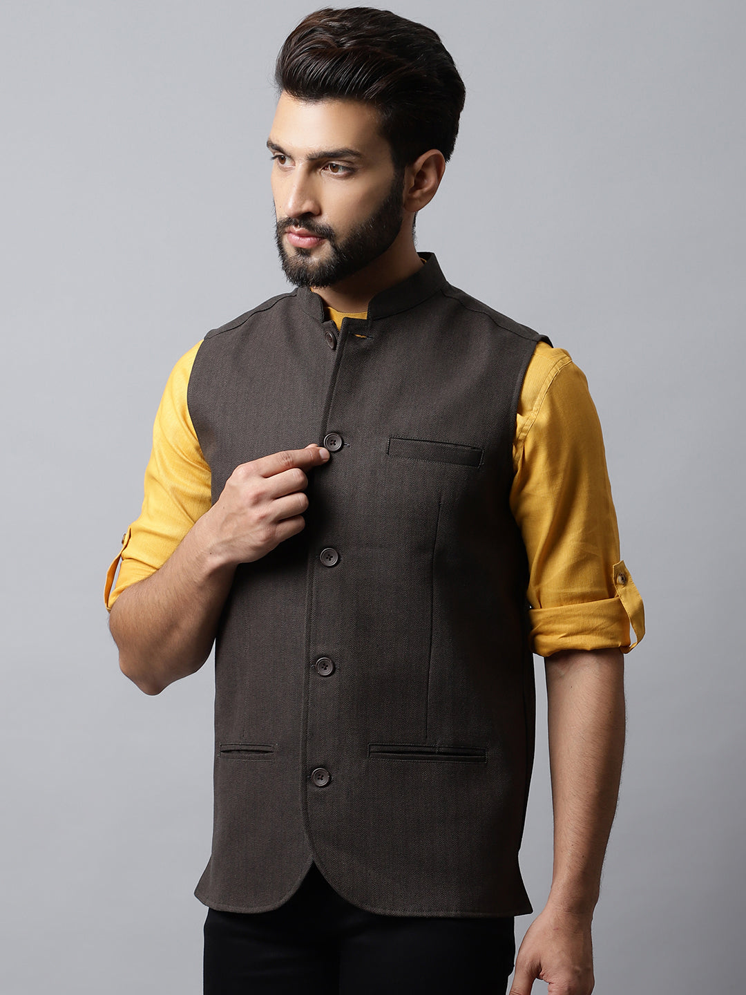 Even Apparels Men's Brown Nehru Jacket With Welt Pockets | Grocsy