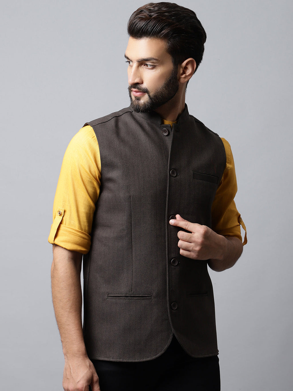 Even Apparels Men's Brown Nehru Jacket With Welt Pockets | Grocsy