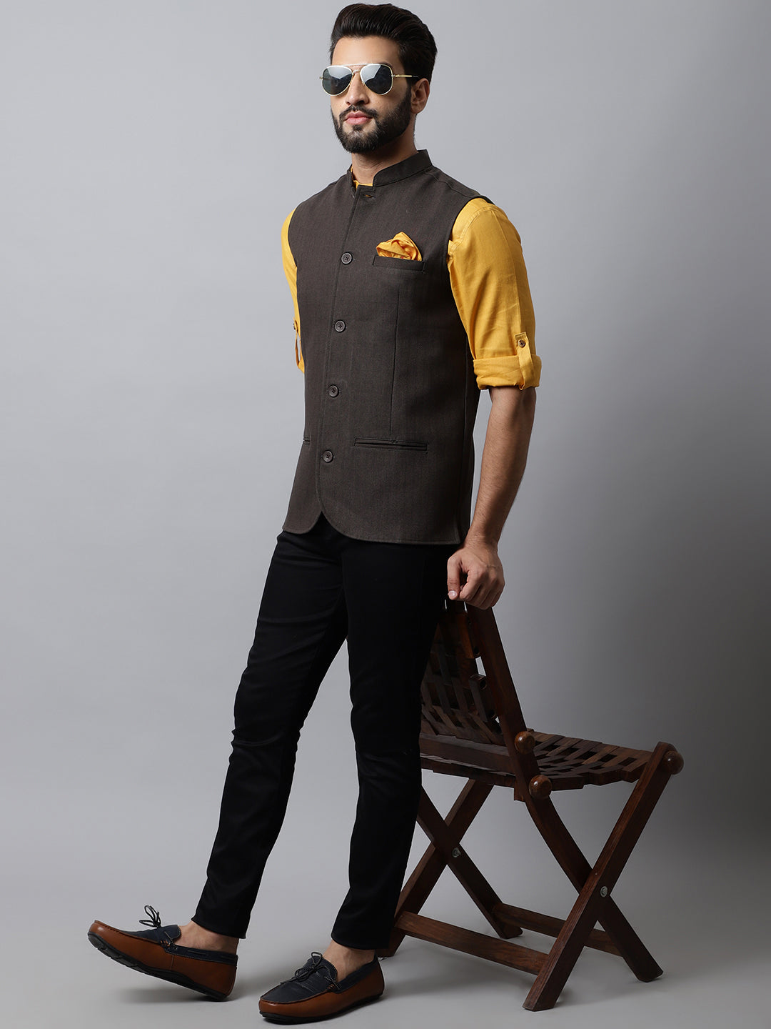 Even Apparels Men's Brown Nehru Jacket With Welt Pockets | Grocsy