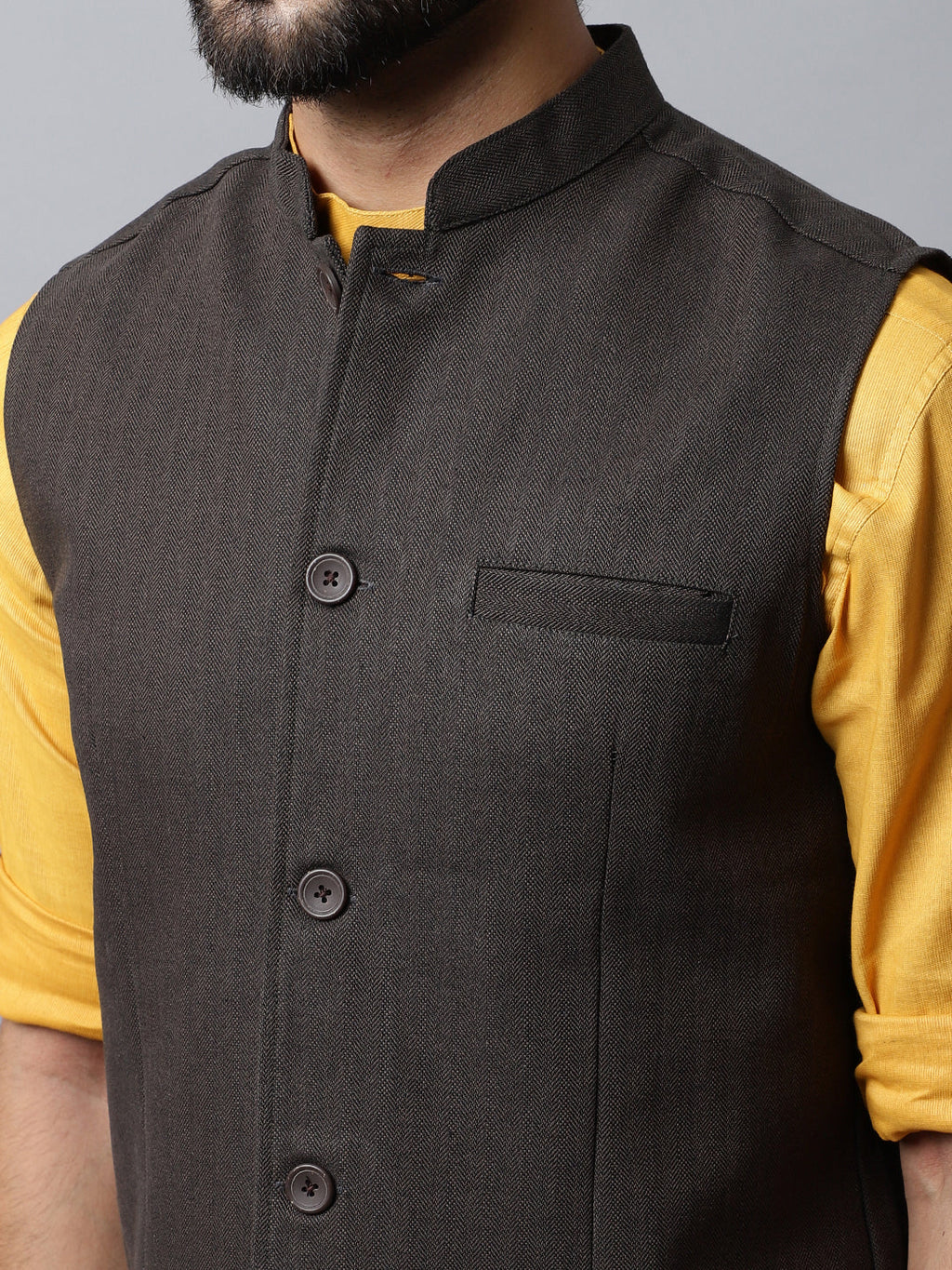 Even Apparels Men's Brown Nehru Jacket With Welt Pockets | Grocsy