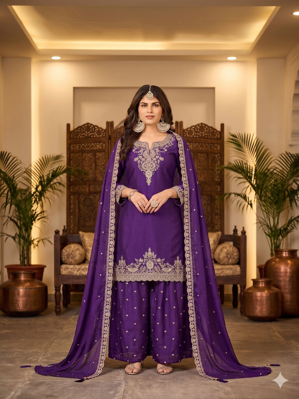 Teeya Creation Womens New Stylish Silk Embroidered Purple Sharara Suit With Golden Zari Work And Lace Border Dupatta | Grocsy
