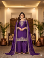 Teeya Creation Womens New Stylish Silk Embroidered Purple Sharara Suit With Golden Zari Work And Lace Border Dupatta | Grocsy