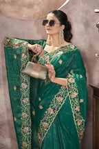 Vastranavya Gold Crunchy Multi Colour Threads Embroidery Work with Sequins Work Saree with Blouse material - Green | Grocsy