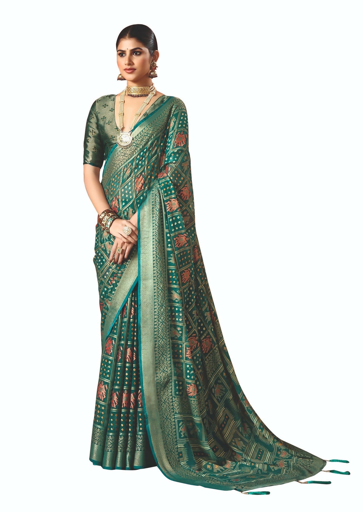 Joban Fashion Green Dull Moss Brasso Saree | Grocsy
