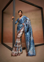 Blue Satin Digital Printed Saree with Unstitched Blouse Piece - Jodha | Grocsy