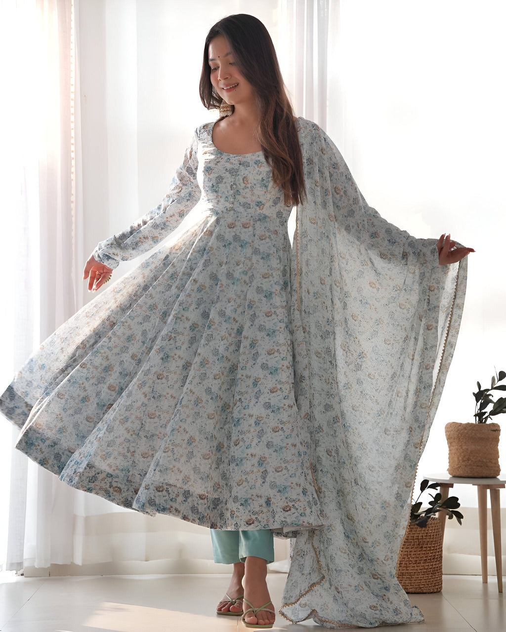 Lehenga Mart Sky Blue Chiffon Designer Anarkali Suit Set | Grocsy