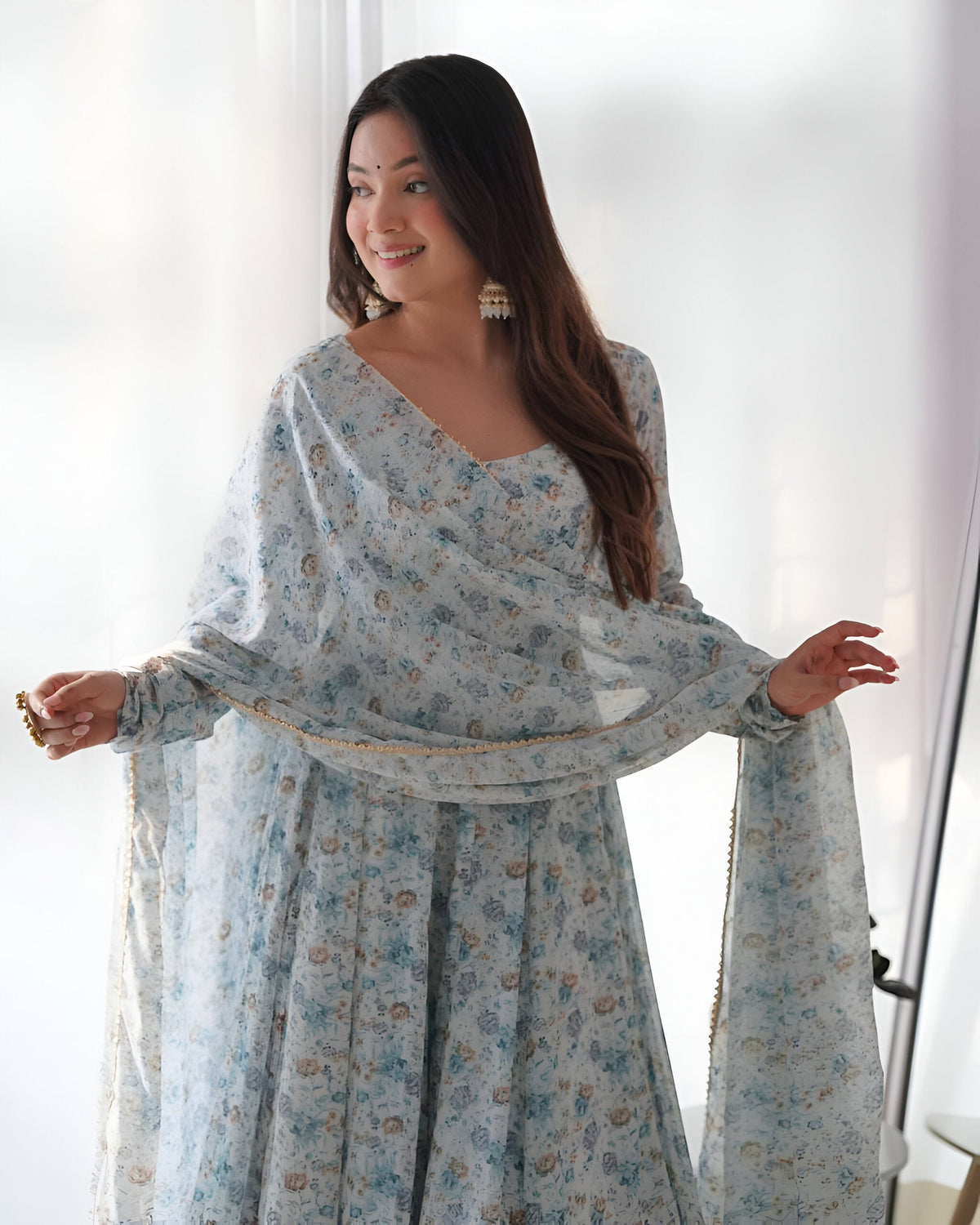 Lehenga Mart Sky Blue Chiffon Designer Anarkali Suit Set | Grocsy
