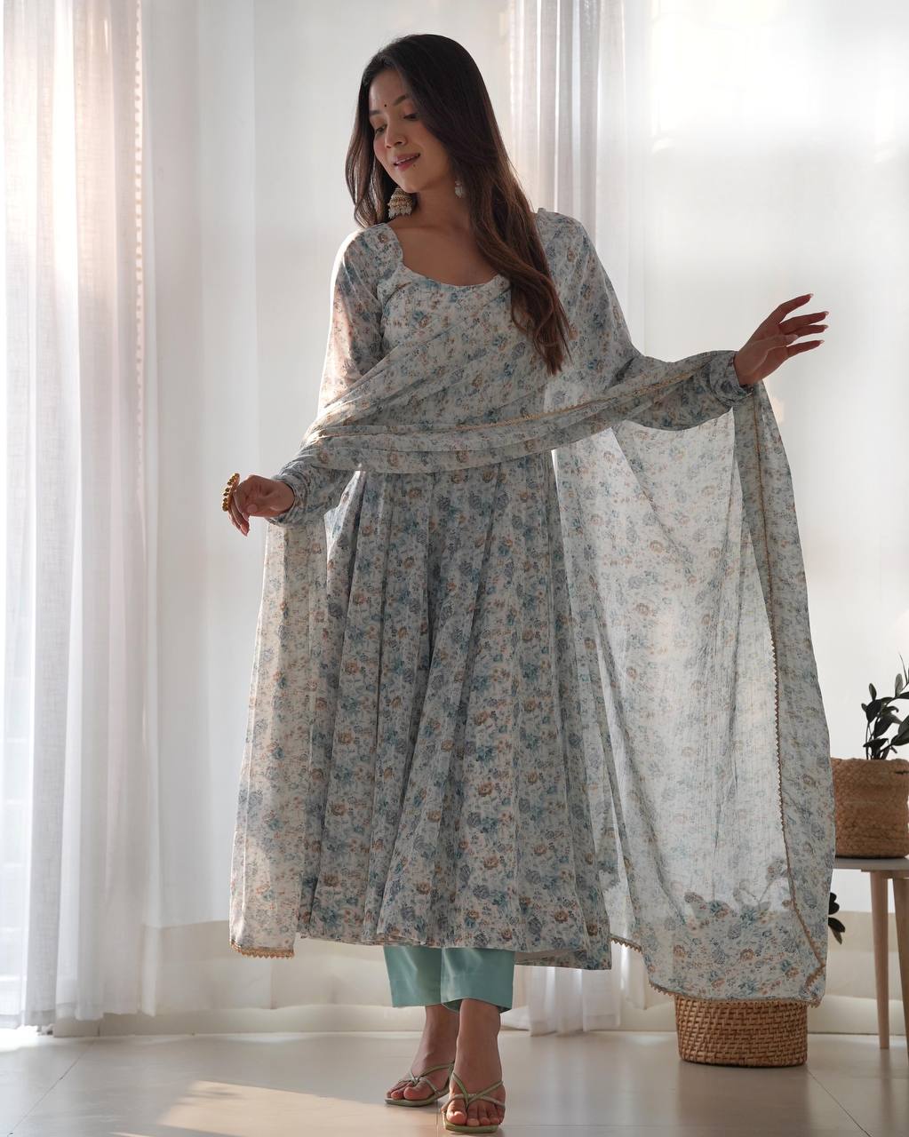 Lehenga Mart Sky Blue Chiffon Designer Anarkali Suit Set | Grocsy