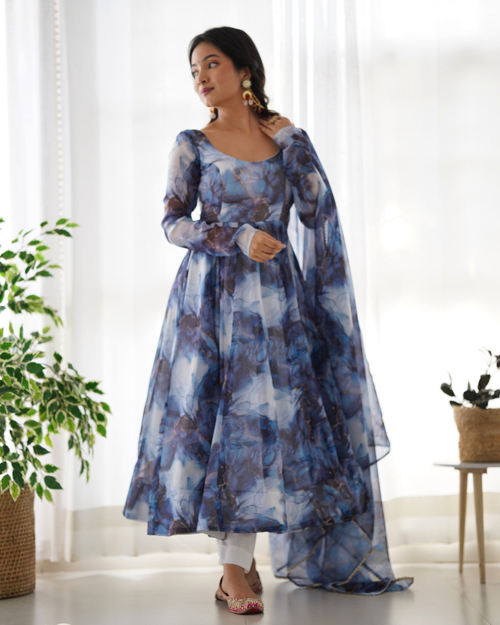 Lehenga Mart Navy Blue Organza Silk Designer Anarkali Suit Set | Grocsy