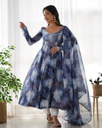 Lehenga Mart Navy Blue Organza Silk Designer Anarkali Suit Set | Grocsy