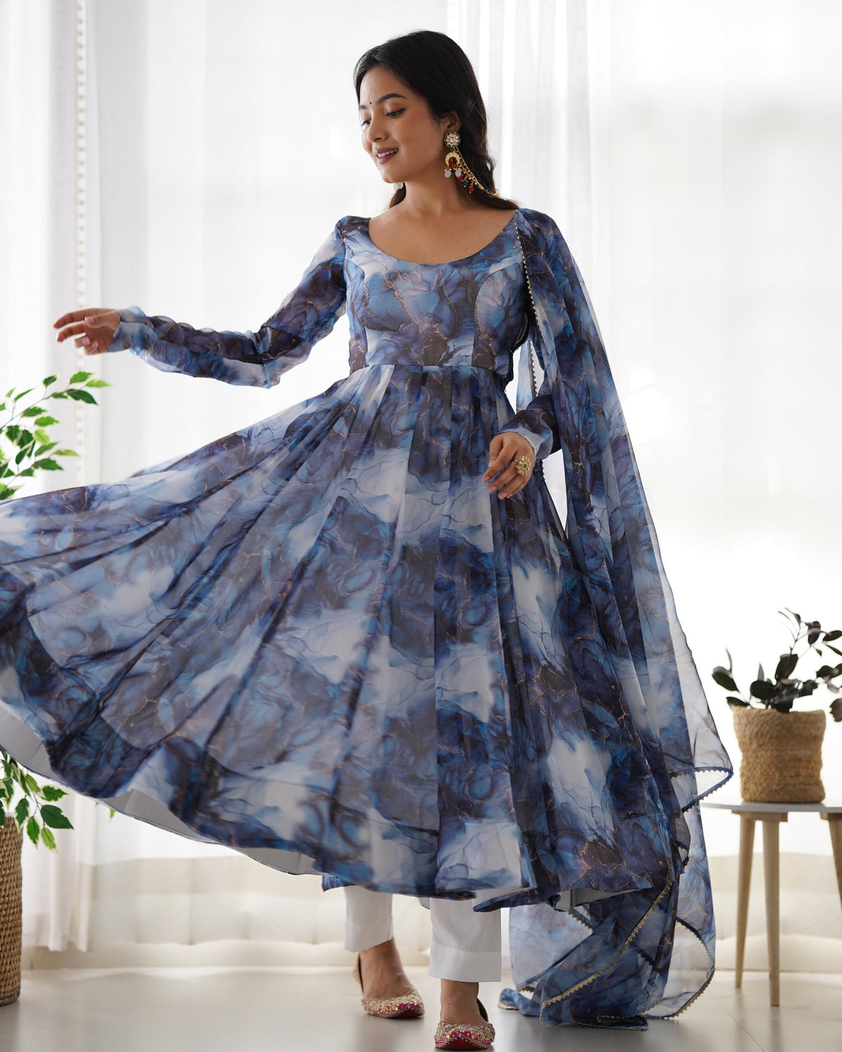 Lehenga Mart Navy Blue Organza Silk Designer Anarkali Suit Set | Grocsy