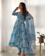 Lehenga Mart Sky Blue Organza Silk Designer Anarkali Suit Set | Grocsy