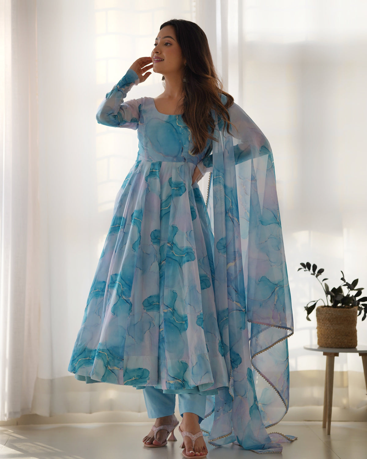 Lehenga Mart Sky Blue Organza Silk Designer Anarkali Suit Set | Grocsy