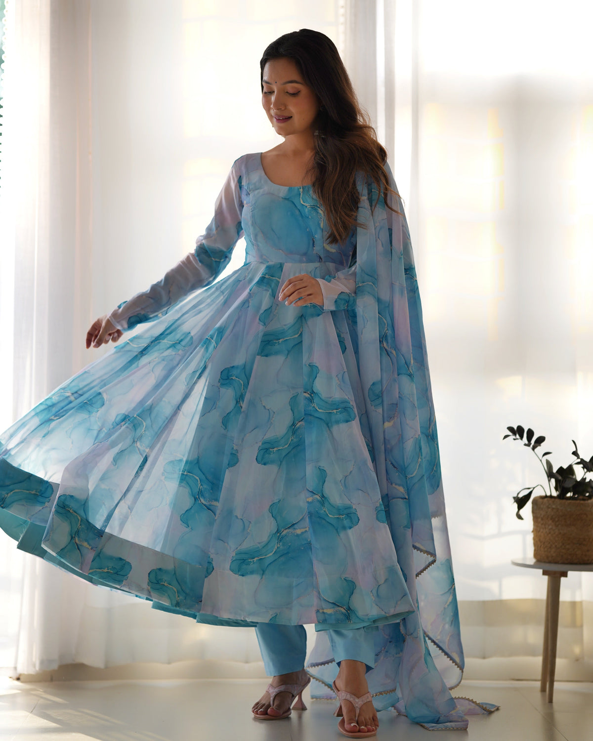 Lehenga Mart Sky Blue Organza Silk Designer Anarkali Suit Set | Grocsy