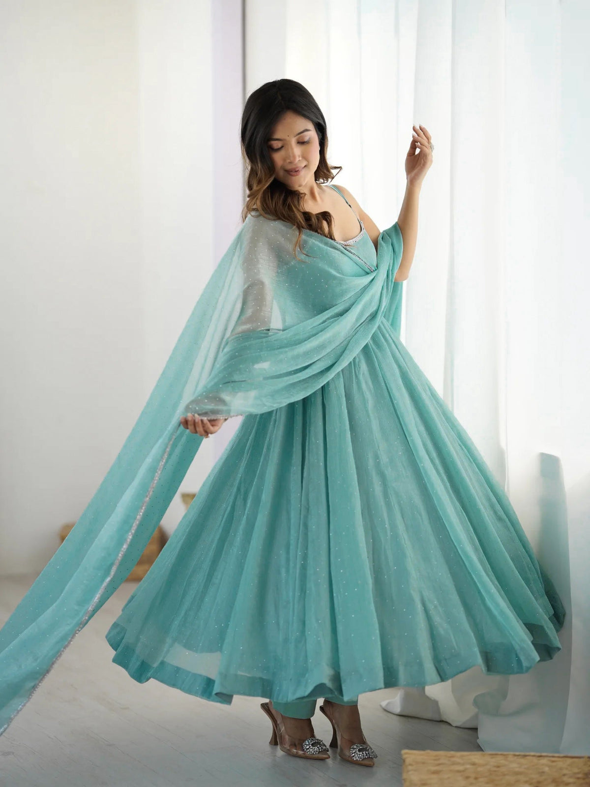 Lehenga Mart Aqua Crunchy Silk Designer Anarkali Suit Set | Grocsy