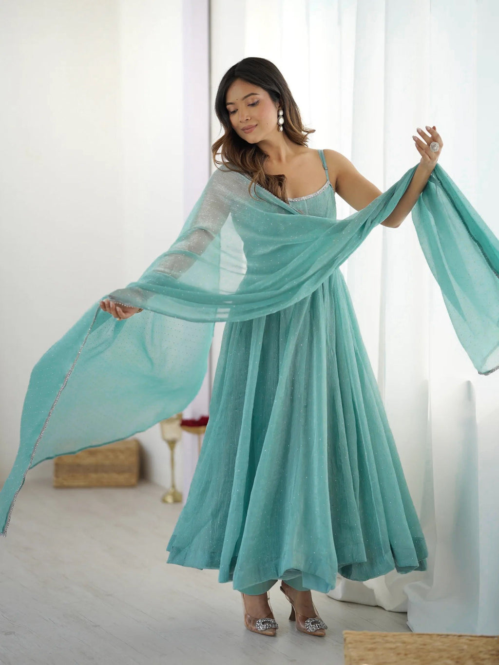 Lehenga Mart Aqua Crunchy Silk Designer Anarkali Suit Set | Grocsy