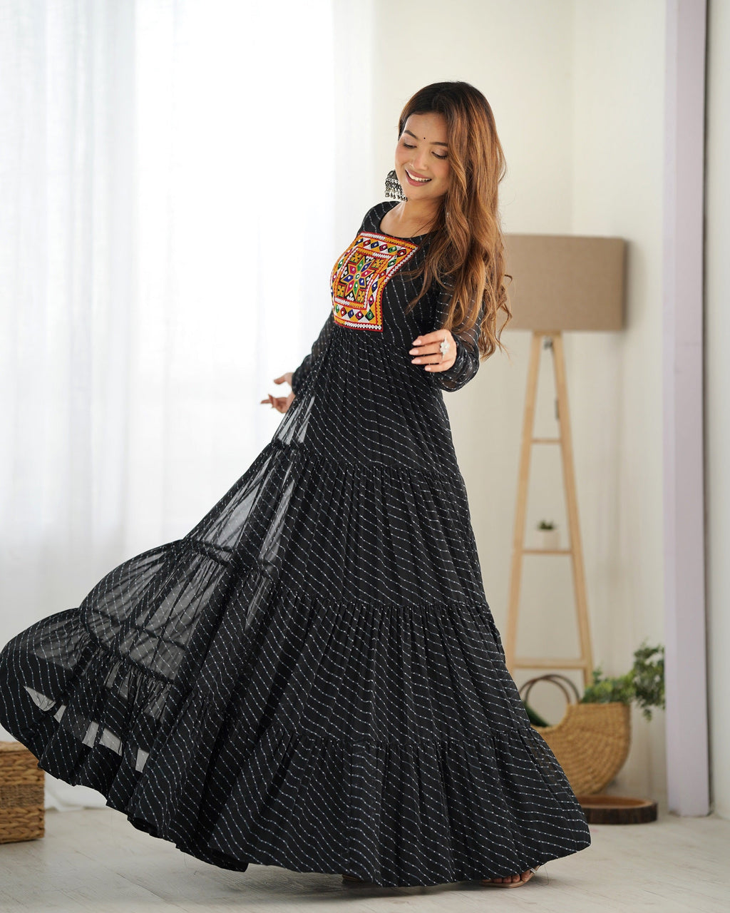 Lehenga Mart Black Faux Georgette Laheriya Print Fully Flair Anarkali Gown For Navratri | Grocsy
