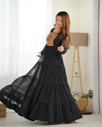 Lehenga Mart Black Faux Georgette Laheriya Print Fully Flair Anarkali Gown For Navratri | Grocsy