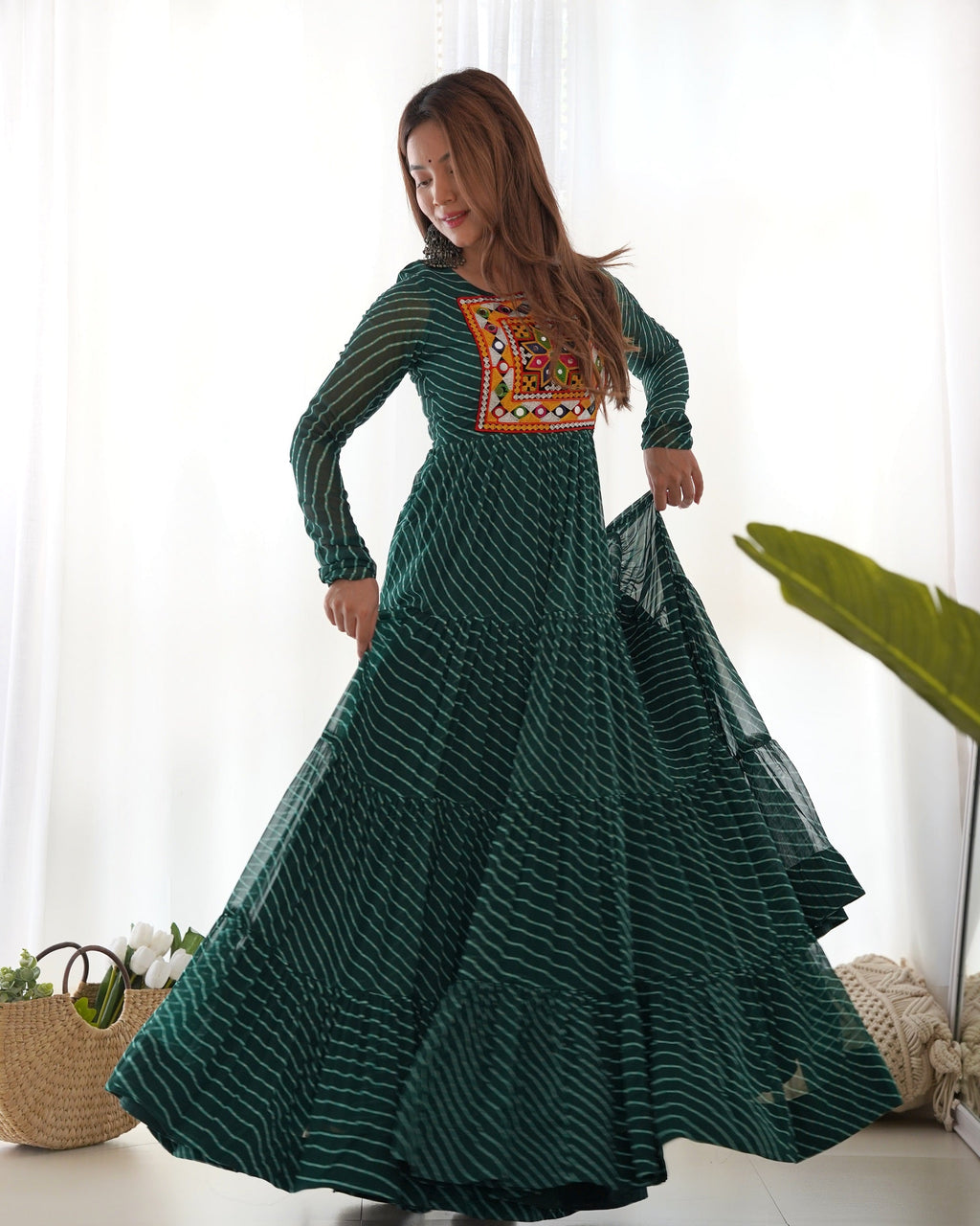Lehenga Mart Bottle Green Faux Georgette Laheriya Print Fully Flair Anarkali Gown For Navratri | Grocsy