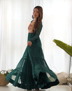 Lehenga Mart Bottle Green Faux Georgette Laheriya Print Fully Flair Anarkali Gown For Navratri | Grocsy