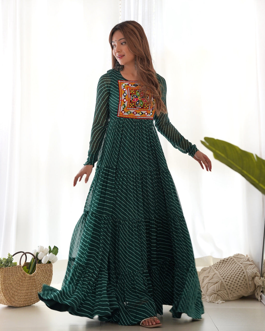 Lehenga Mart Bottle Green Faux Georgette Laheriya Print Fully Flair Anarkali Gown For Navratri | Grocsy