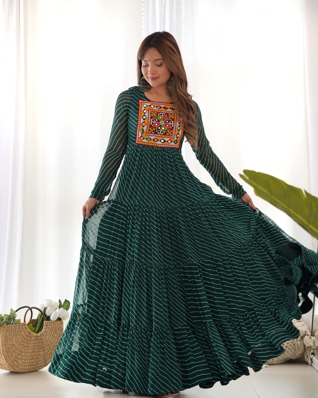 Lehenga Mart Bottle Green Faux Georgette Laheriya Print Fully Flair Anarkali Gown For Navratri | Grocsy