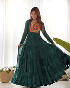 Lehenga Mart Bottle Green Faux Georgette Laheriya Print Fully Flair Anarkali Gown For Navratri | Grocsy