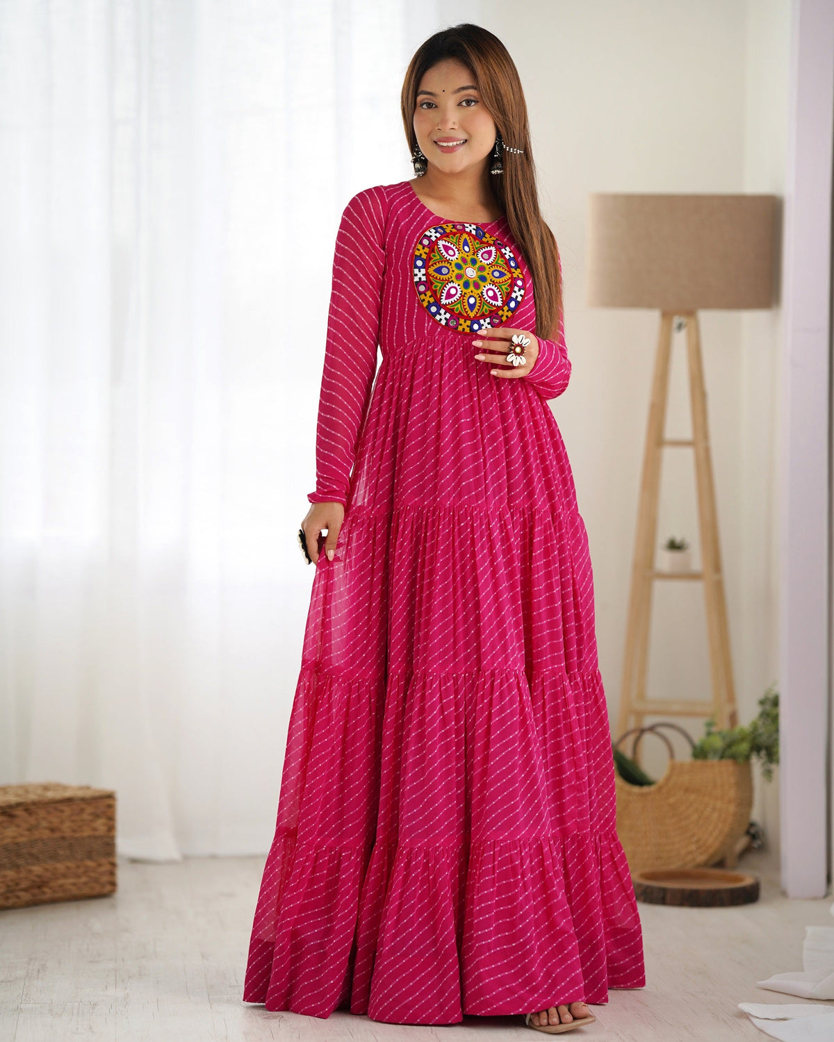 Lehenga Mart Rani Pink Faux Georgette Laheriya Print Fully Flair Anarkali Gown For Navratri | Grocsy