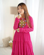 Lehenga Mart Rani Pink Faux Georgette Laheriya Print Fully Flair Anarkali Gown For Navratri | Grocsy