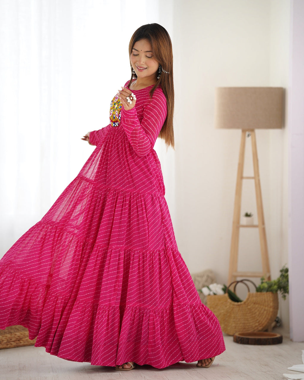 Lehenga Mart Rani Pink Faux Georgette Laheriya Print Fully Flair Anarkali Gown For Navratri | Grocsy