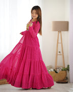 Lehenga Mart Rani Pink Faux Georgette Laheriya Print Fully Flair Anarkali Gown For Navratri | Grocsy