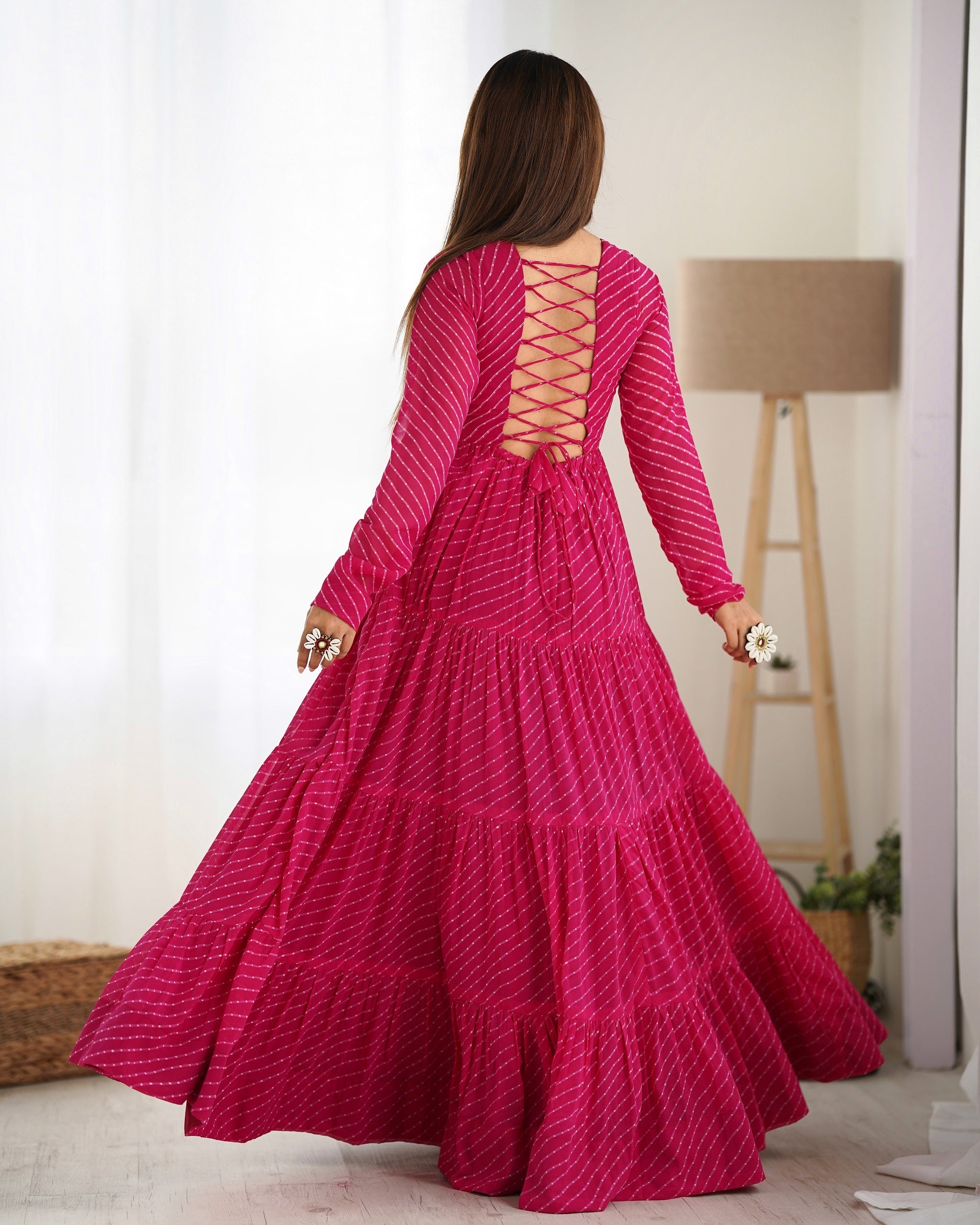 Lehenga Mart Rani Pink Faux Georgette Laheriya Print Fully Flair Anarkali Gown For Navratri | Grocsy