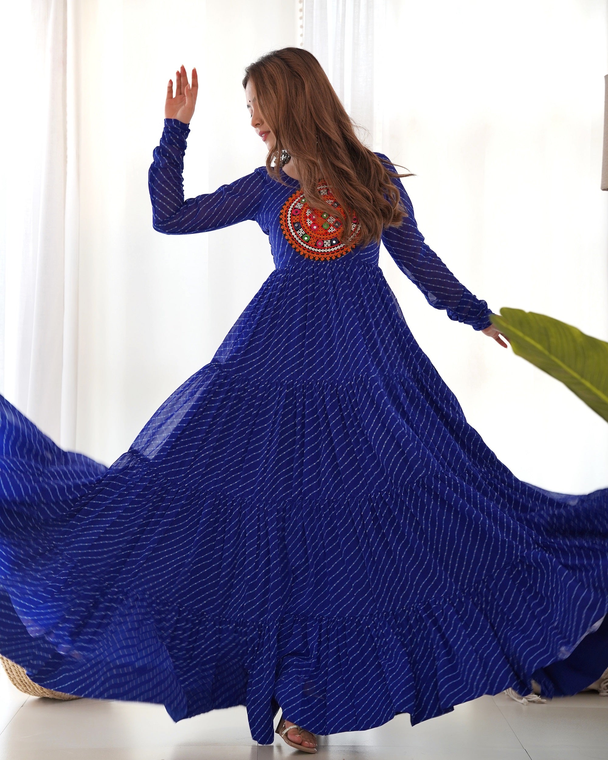 Lehenga Mart Royal Blue Faux Georgette Laheriya Print Fully Flair Anarkali Gown For Navratri | Grocsy