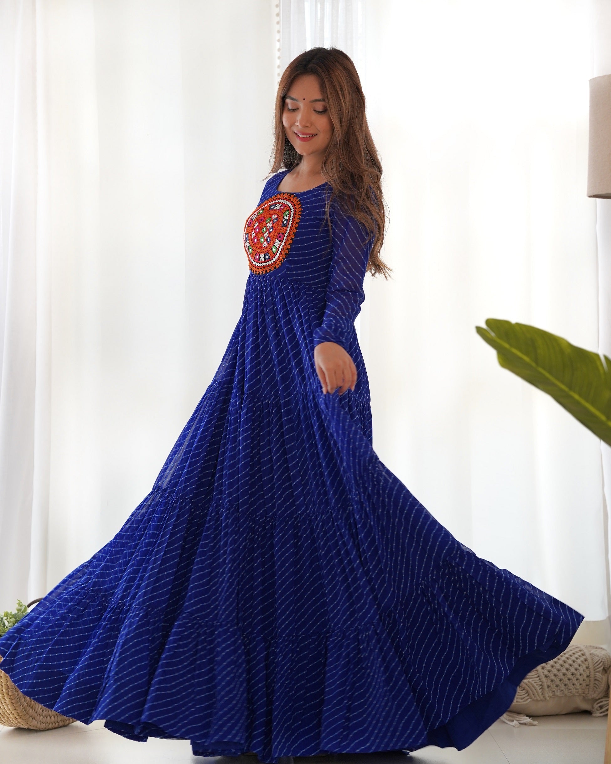 Lehenga Mart Royal Blue Faux Georgette Laheriya Print Fully Flair Anarkali Gown For Navratri | Grocsy