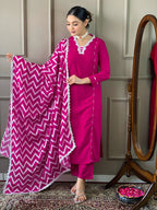 The52 Lemon Women Embroidered Viscose Straight Kurta Pant Dupatta Set | Grocsy