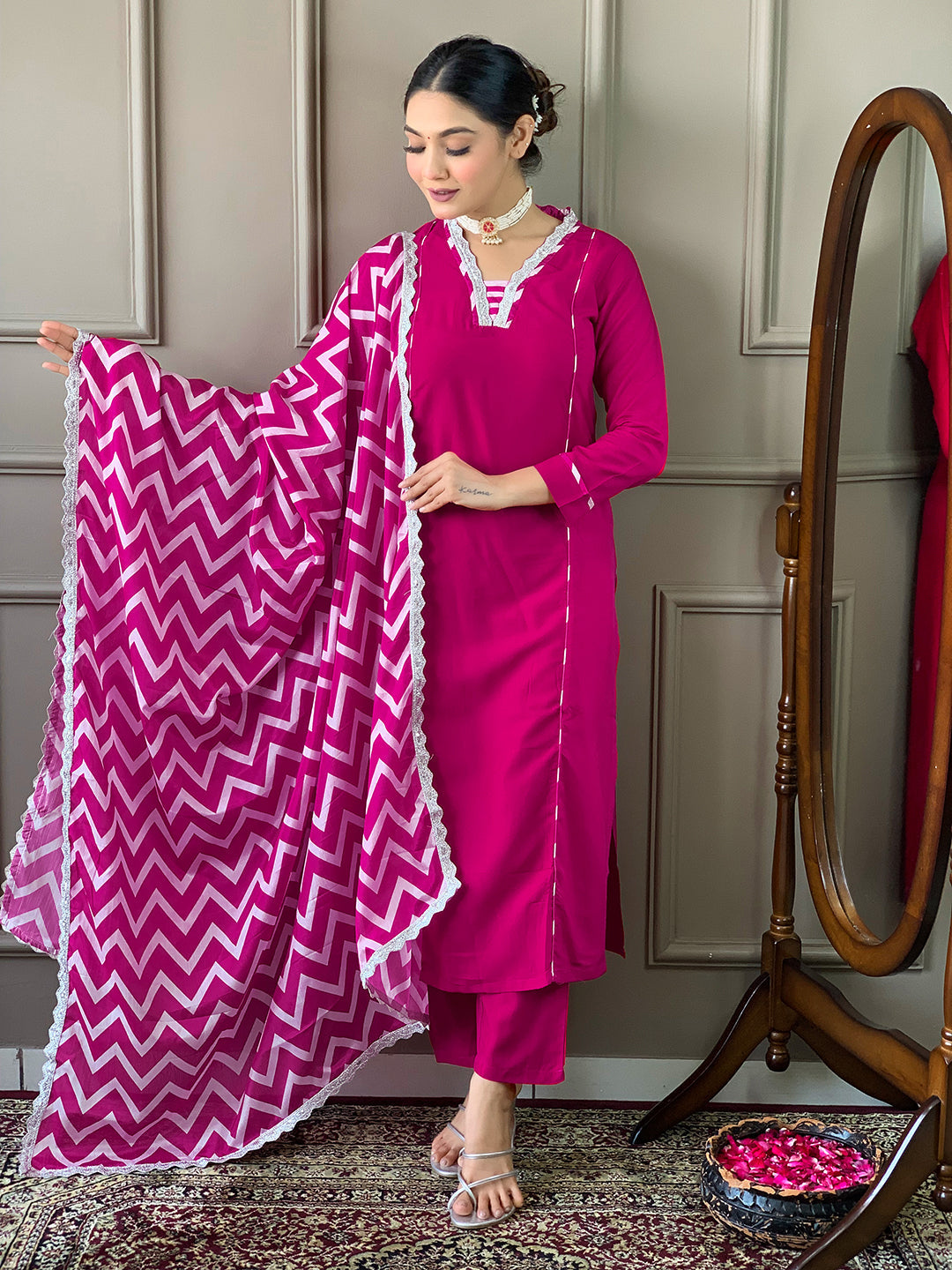 The52 Lemon Women Embroidered Viscose Straight Kurta Pant Dupatta Set | Grocsy