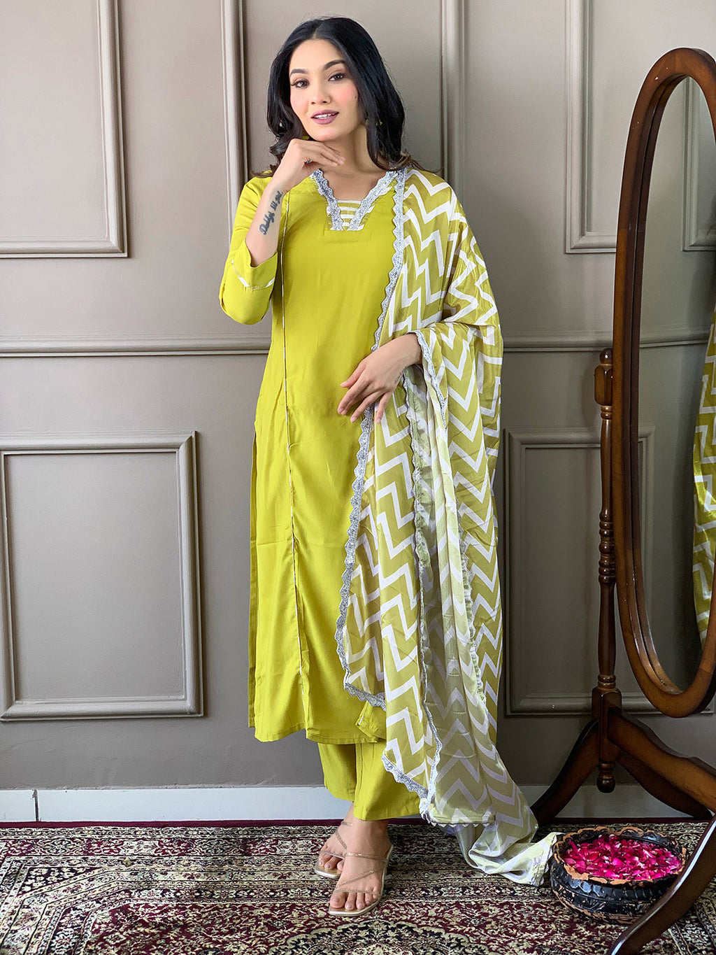 The52 Lemon Women Embroidered Viscose Straight Kurta Pant Dupatta Set | Grocsy