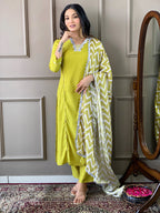 The52 Lemon Women Embroidered Viscose Straight Kurta Pant Dupatta Set | Grocsy