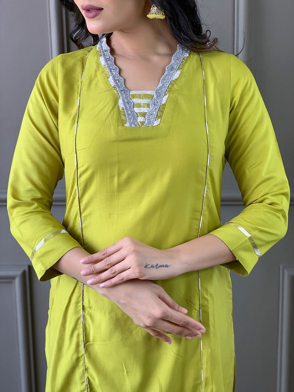 The52 Lemon Women Embroidered Viscose Straight Kurta Pant Dupatta Set | Grocsy